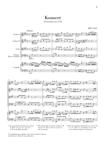バッハ：チェンバロ協奏曲第4番 BWV1055 SE版