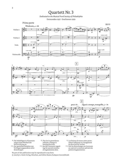 バルトーク：弦楽四重奏曲 第3番