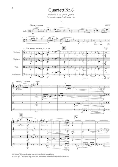 バルトーク：弦楽四重奏曲第6番 Sz.114 SE版