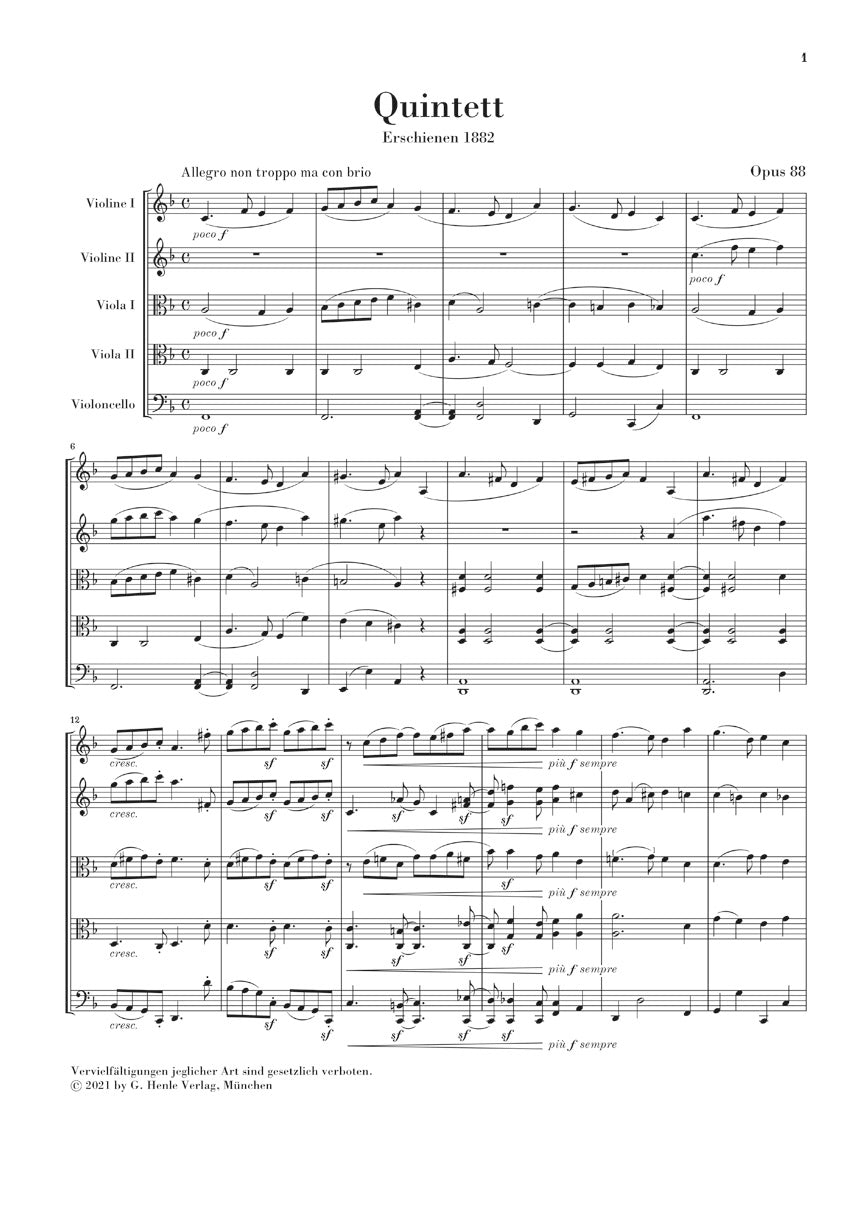 ブラームス：弦楽五重奏曲 第1番 ヘ長調 op. 88