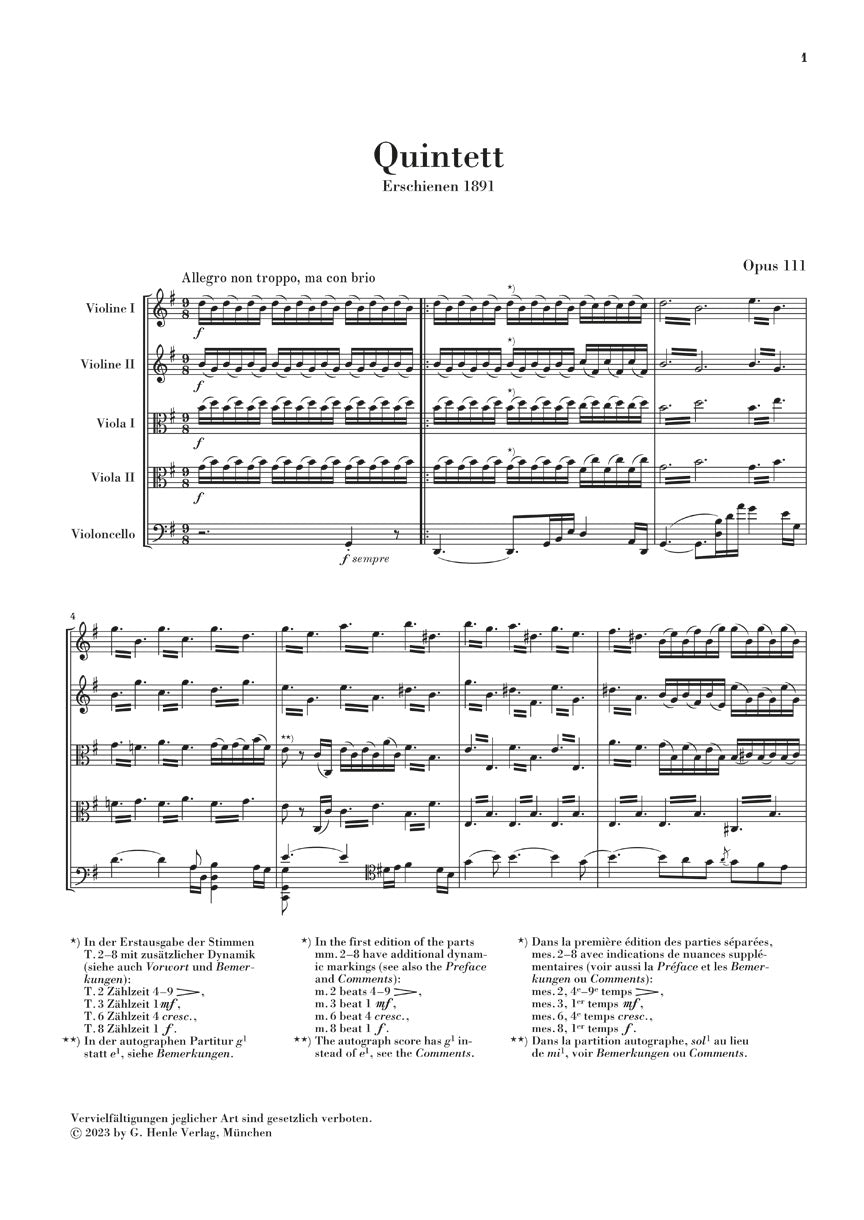 ブラームス：弦楽五重奏曲 第2番 ト長調 op. 111