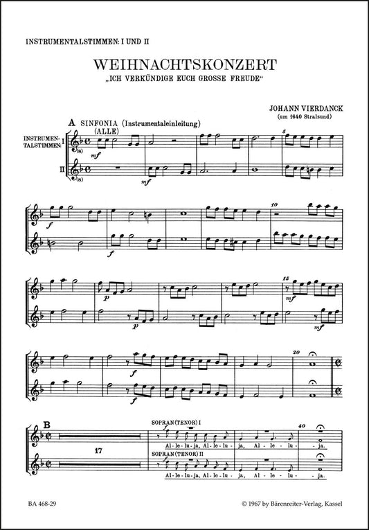 ヴィールダンク：クリスマス協奏曲「私はあなた方に大いなる喜びを告げ知らせる」（ヴァイオリンパート譜）