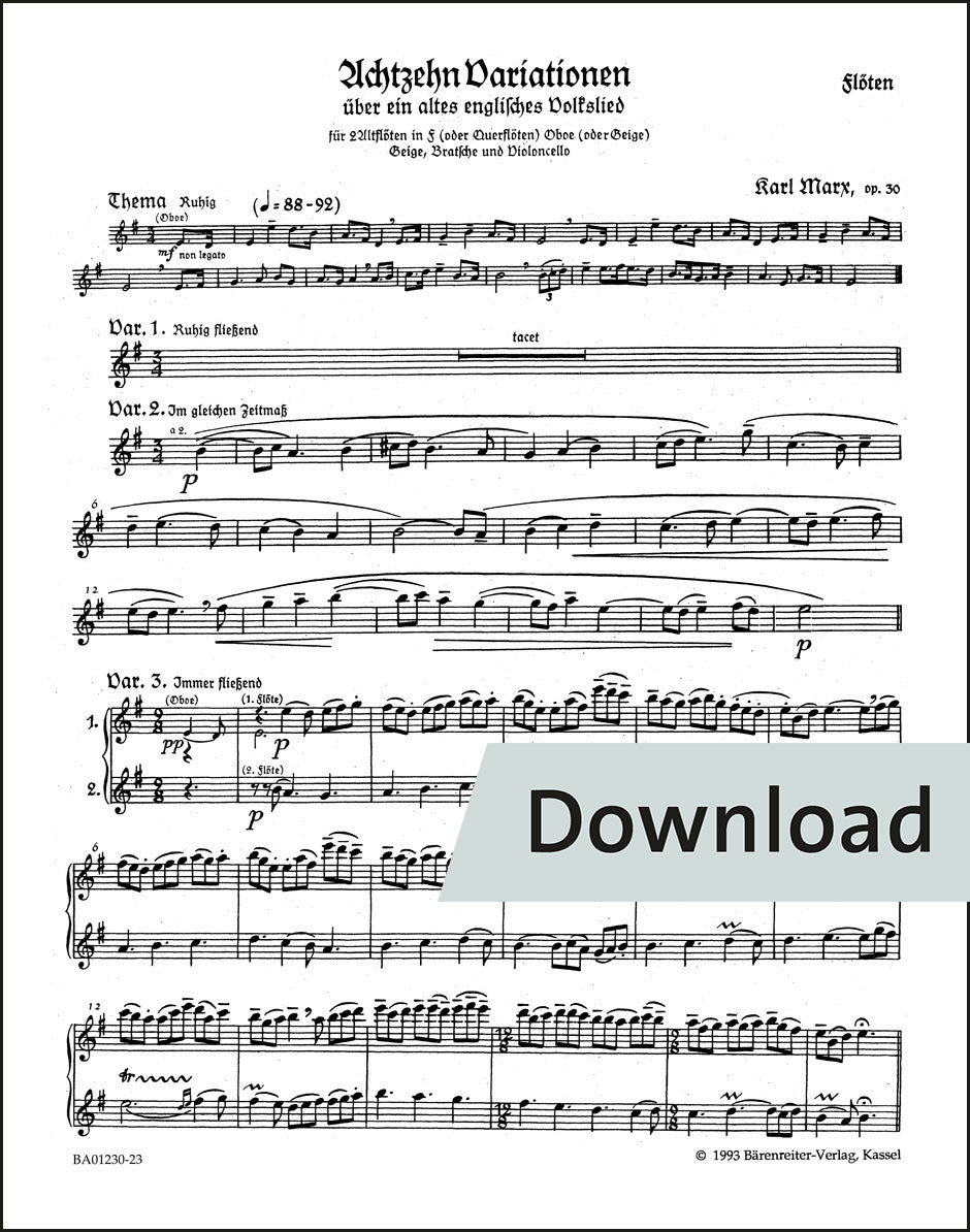 マルクス：イギリス民謡による18の変奏曲(おお、カッコウは美しい鳥) op.30 – トレブル・リコーダー2、フルート パート譜【デジタル版】