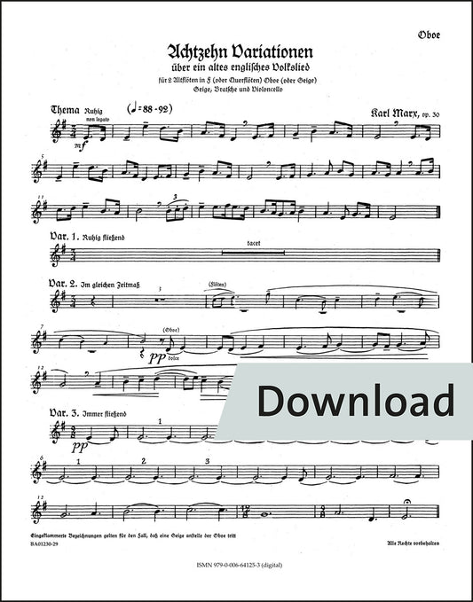 マルクス：イギリス民謡による18の変奏曲(おお、カッコウは美しい鳥) op.30 – オーボエ・ヴァイオリン パート譜【デジタル版】