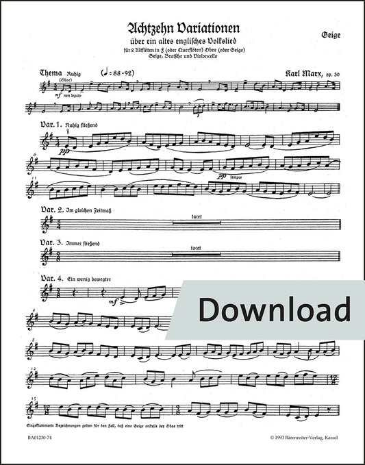 マルクス：イギリス民謡による18の変奏曲(おお、カッコウは美しい鳥) op.30 – ヴァイオリン パート譜【デジタル版】