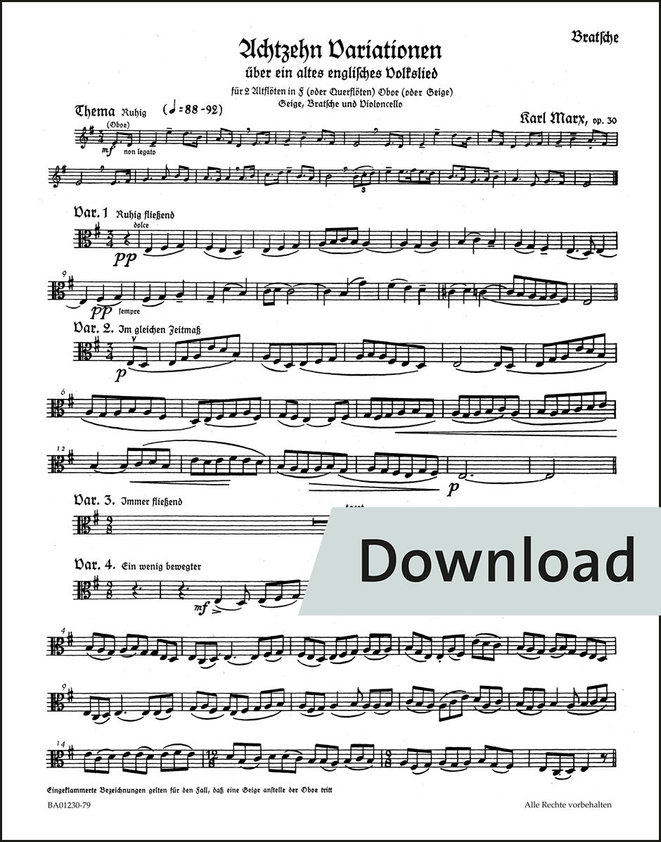 マルクス：イギリス民謡による18の変奏曲(おお、カッコウは美しい鳥) op.30 – ヴィオラ パート譜【デジタル版】