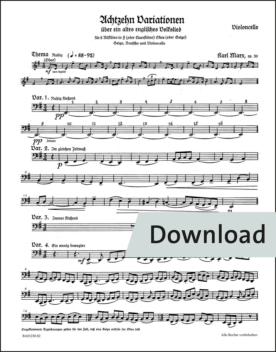 マルクス：イギリス民謡による18の変奏曲(おお、カッコウは美しい鳥) op.30 – チェロ パート譜【デジタル版】