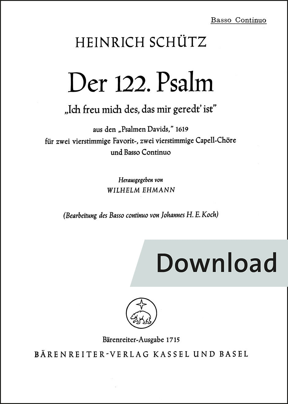 シュッツ：Ich freu mich des, das mir geredt ist SWV 26（コントラバスパート譜）【デジタル版】