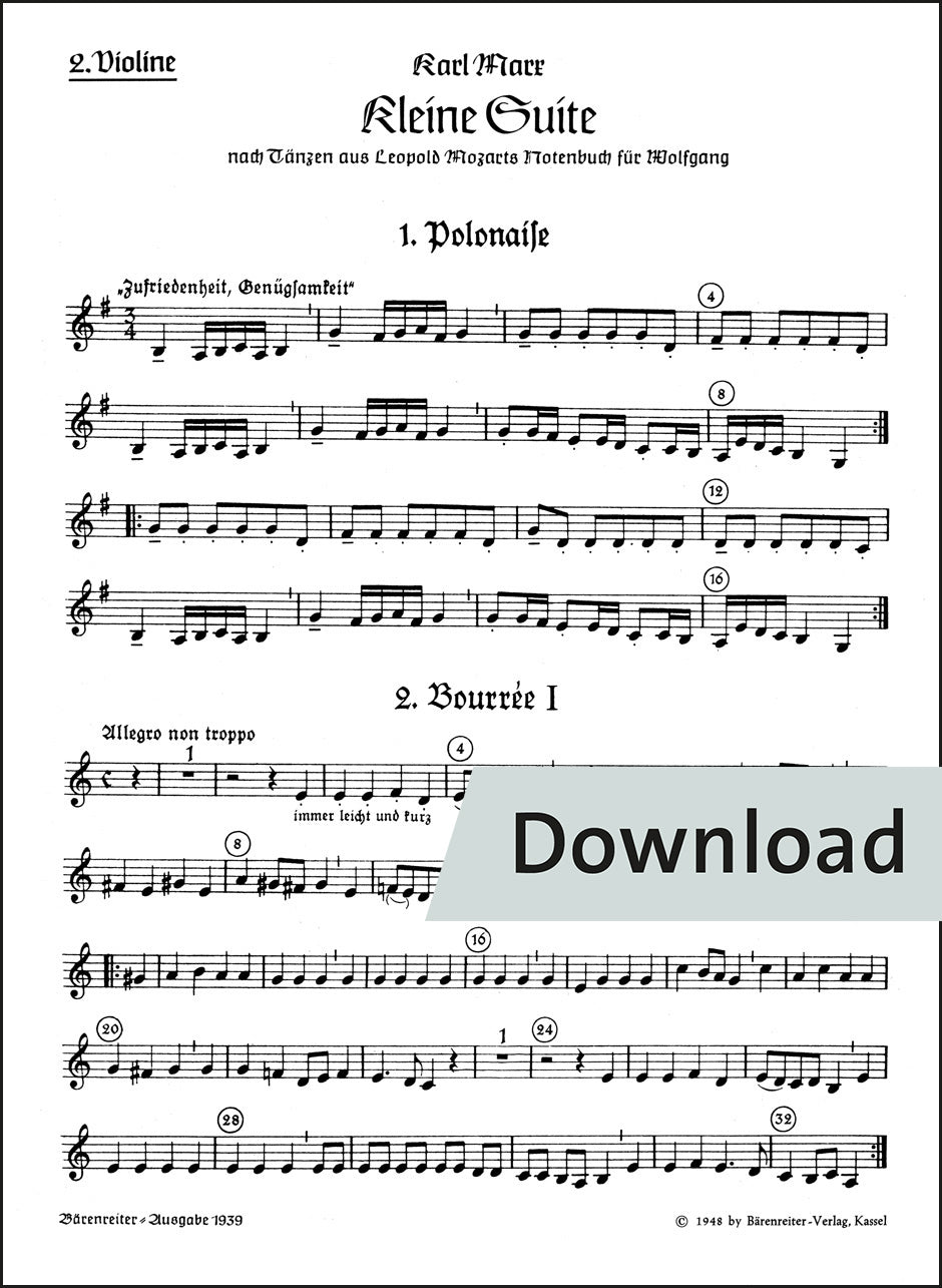 マルクス：リコーダー四重奏、弦楽四重奏または他の楽器のための小組曲（ヴァイオリンパート譜）【デジタル版】