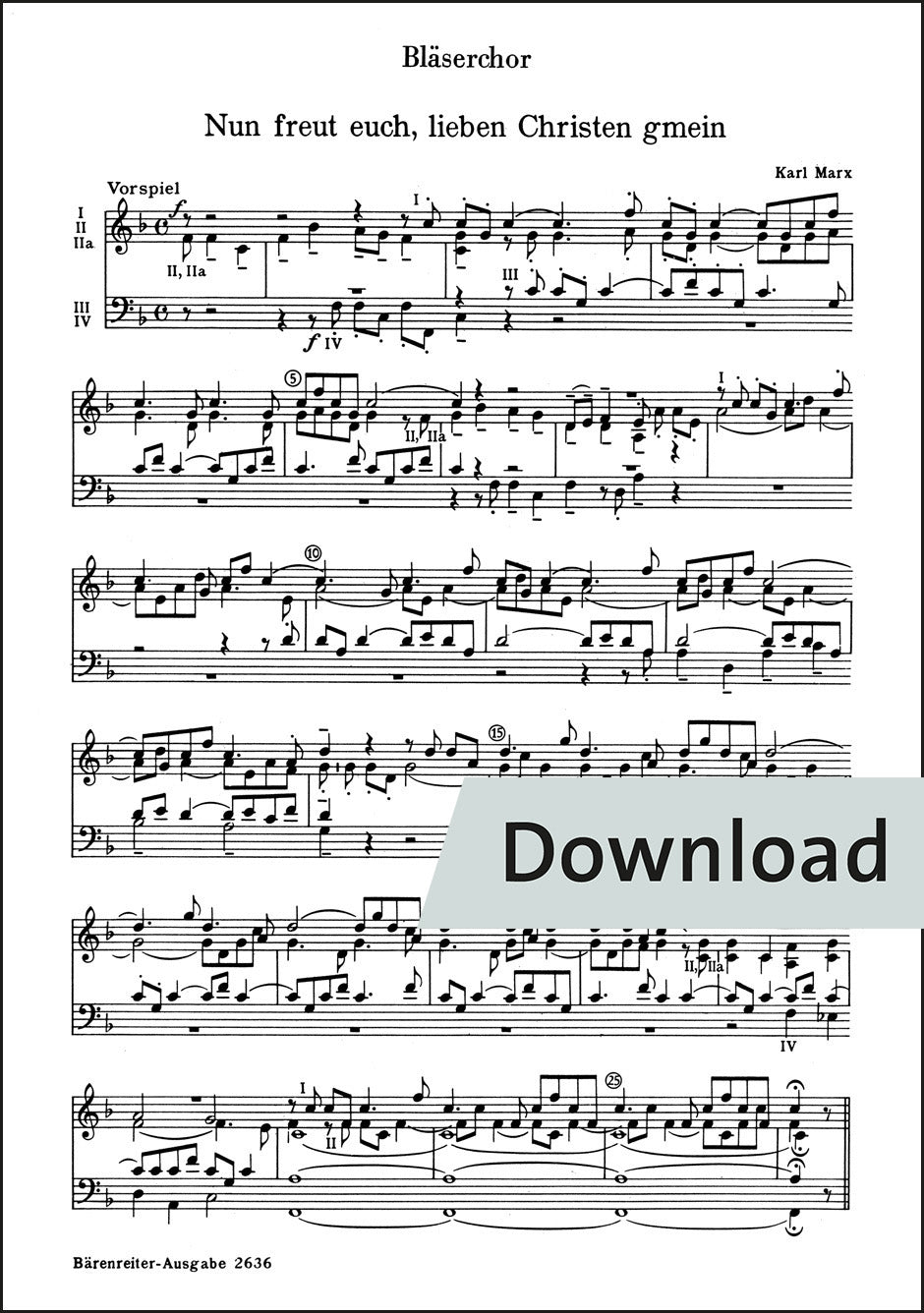 マルクス：いざ喜べ、愛するキリスト者たちよ(1953) – 金管パート譜(トランペット3、トロンボーン2)【デジタル版】