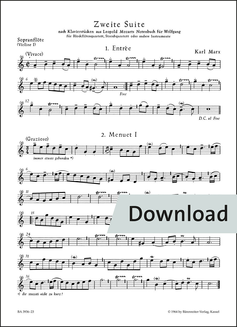 マルクス：第2組曲(リコーダー四重奏、弦楽四重奏、または他の楽器のための) – ソプラノ・リコーダー/第1ヴァイオリン パート譜【デジタル版】