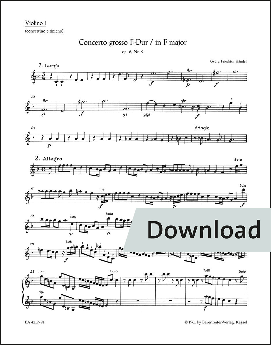 ヘンデル：合奏協奏曲 ヘ長調 op. 6/9 HWV 327（ヴァイオリンパート譜）【デジタル版】