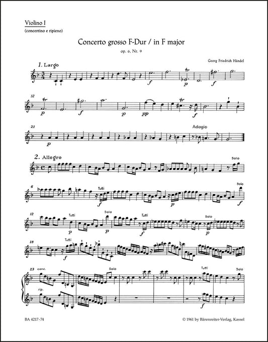 ヘンデル：合奏協奏曲 ヘ長調 op. 6/9 HWV 327（ヴァイオリンパート譜）