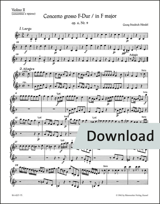 ヘンデル：合奏協奏曲 ヘ長調 op. 6-9 HWV 327（ヴァイオリンパート譜）【デジタル版】