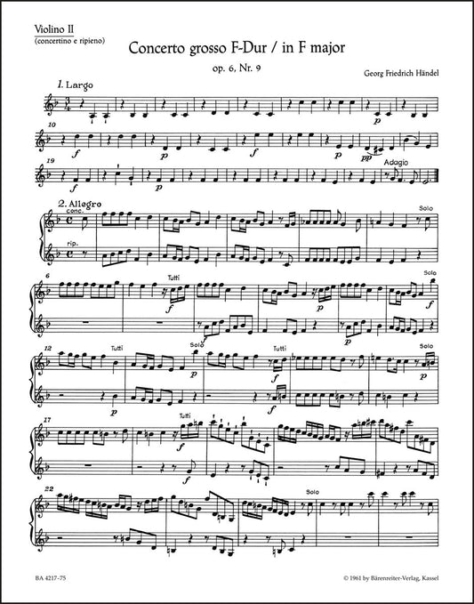 ヘンデル：合奏協奏曲 ヘ長調 op. 6-9 HWV 327（ヴァイオリンパート譜）