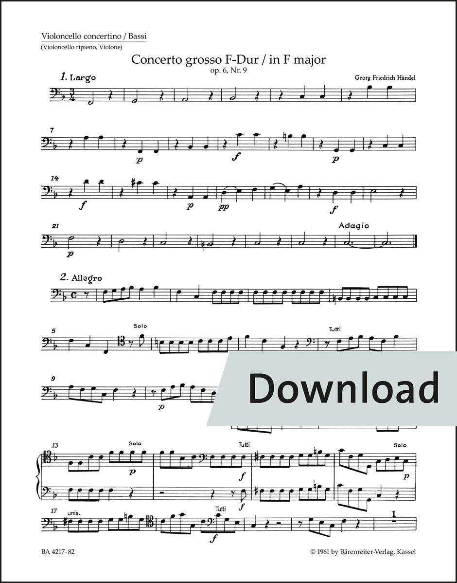 ヘンデル：合奏協奏曲 ヘ長調 作品6の9 HWV 327（チェロパート譜）【デジタル版】