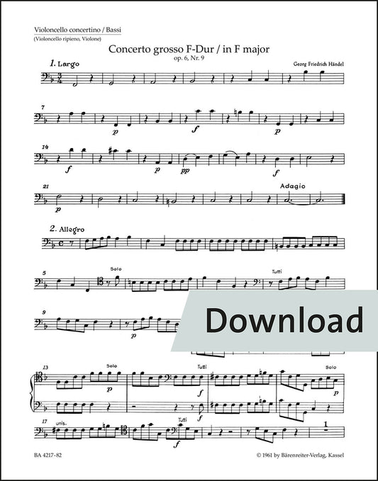 ヘンデル：合奏協奏曲 ヘ長調 op. 6の9 HWV 327（チェロパート譜）【デジタル版】