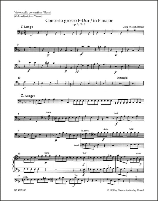 ヘンデル：合奏協奏曲 ヘ長調 op. 6の9 HWV 327（チェロパート譜）