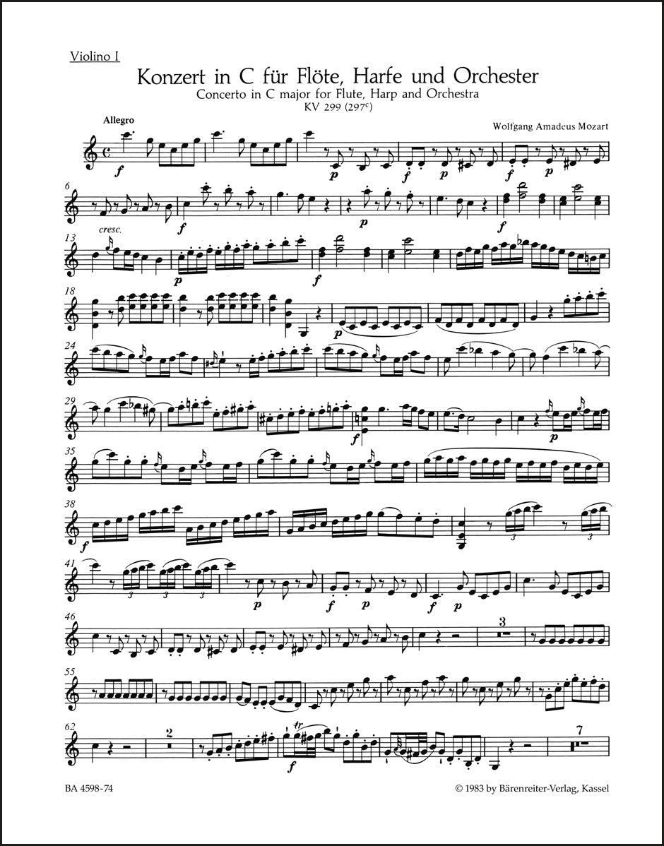 モーツァルト：フルート、ハープと管弦楽のための協奏曲 ハ長調 K. 299 (297c)（ヴァイオリンパート譜）（4冊セット）