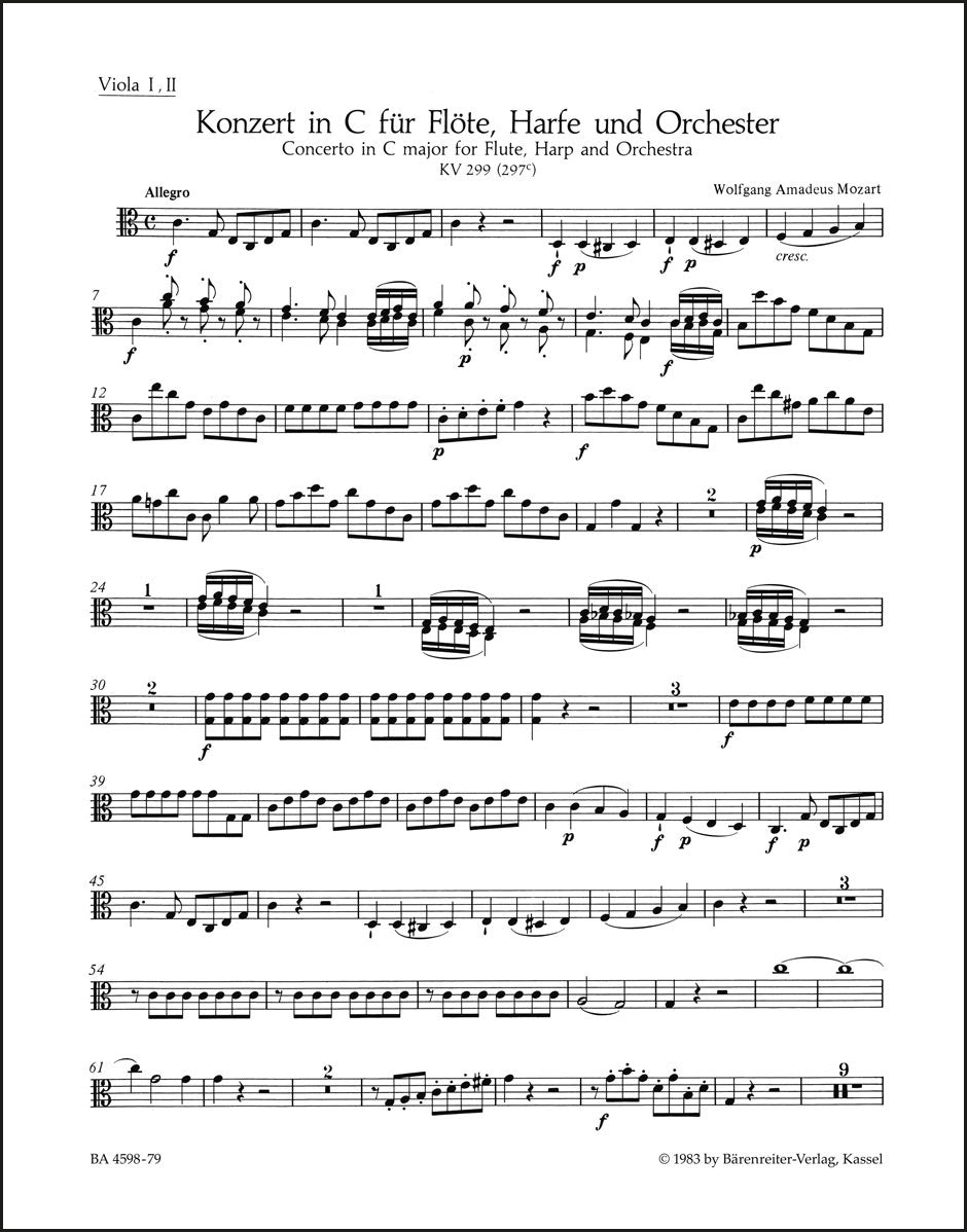 モーツァルト：フルート、ハープと管弦楽のための協奏曲 ハ長調 K. 299 (297c)（ヴィオラパート譜）（3冊セット）
