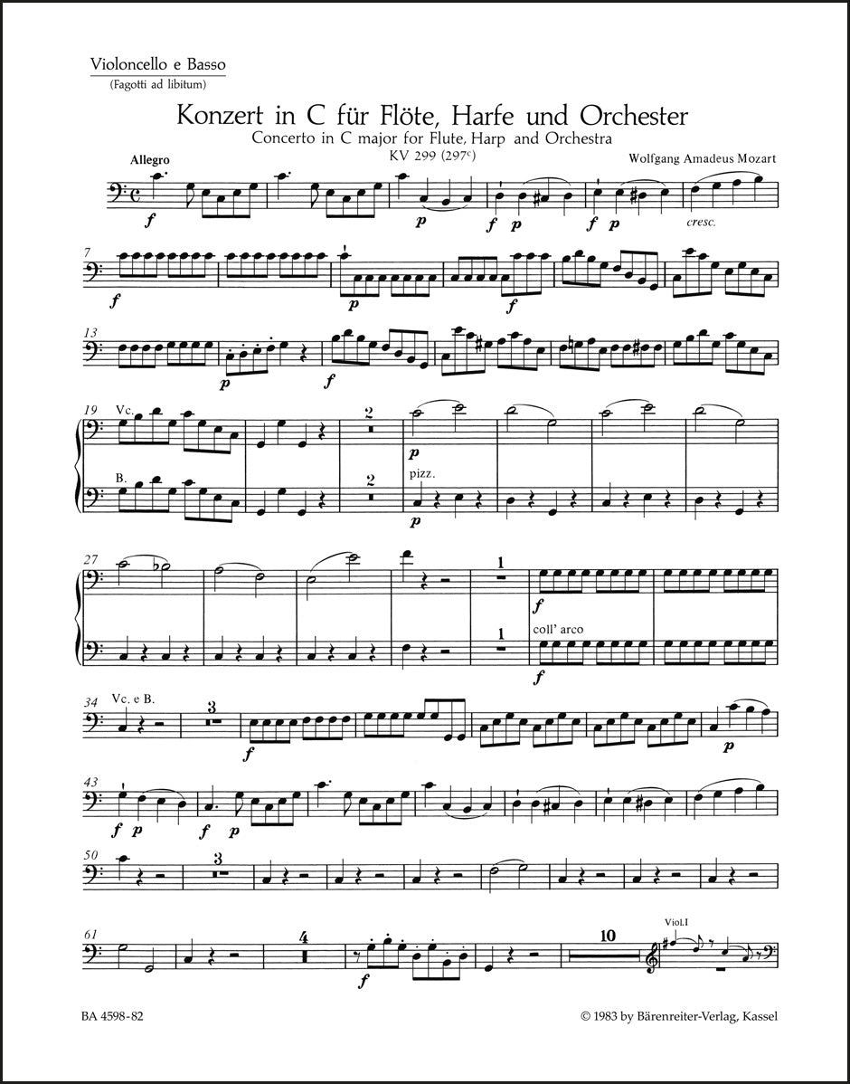 モーツァルト：フルート、ハープと管弦楽のための協奏曲 ハ長調 K. 299 (297c)（チェロパート譜）（4冊セット）
