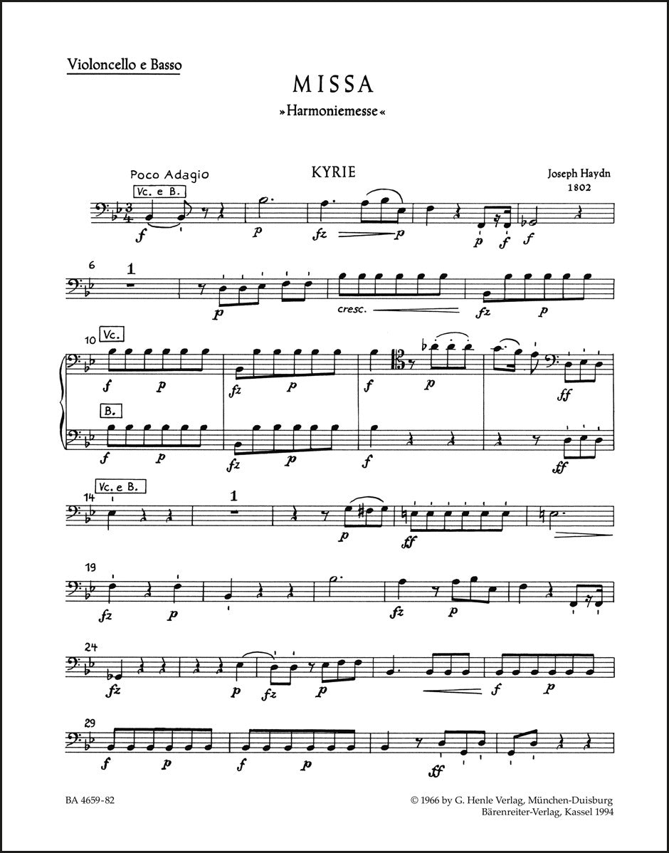 ハイドン：ミサ曲 変ロ長調 Hob.XXII:14「ハルモニー・ミサ」（チェロパート譜）（2冊セット）