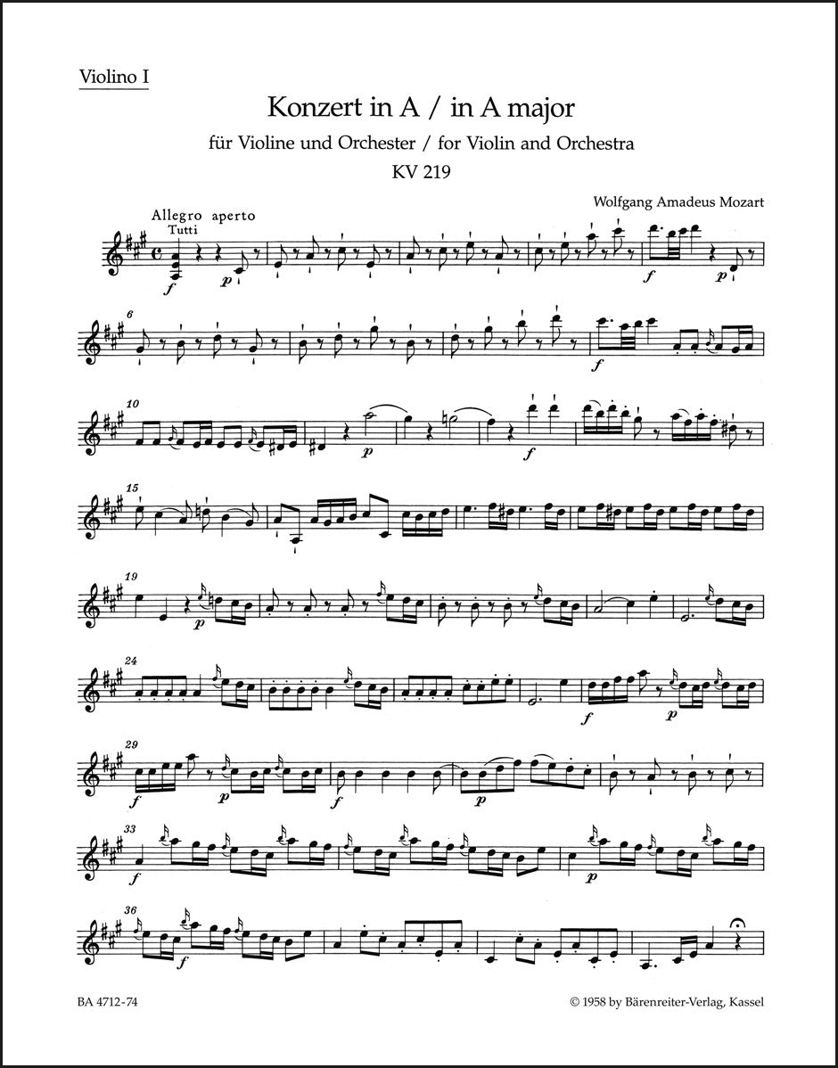モーツァルト：ヴァイオリン協奏曲 第5番 イ長調 K. 219（ヴァイオリンパート譜）（3冊セット）