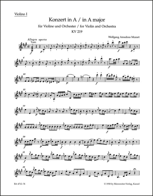 モーツァルト：ヴァイオリン協奏曲 第5番 イ長調 K. 219（ヴァイオリンパート譜）（3冊セット）