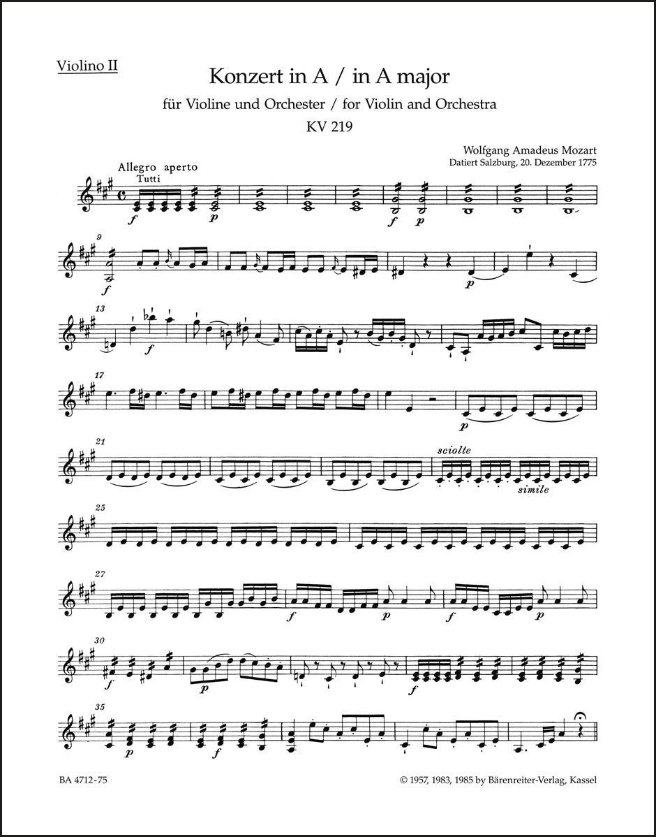 モーツァルト：ヴァイオリン協奏曲第5番 イ長調 K. 219（ヴァイオリンパート譜）（3冊セット）