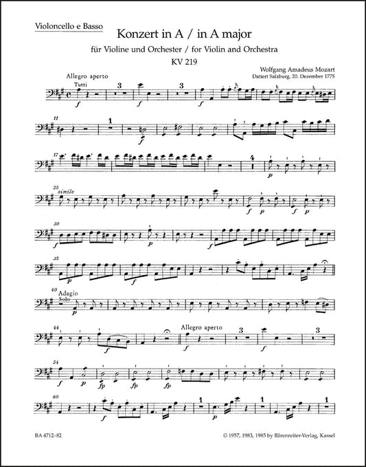 モーツァルト：ヴァイオリン協奏曲第5番 イ長調 K. 219（チェロパート譜）（2冊セット）