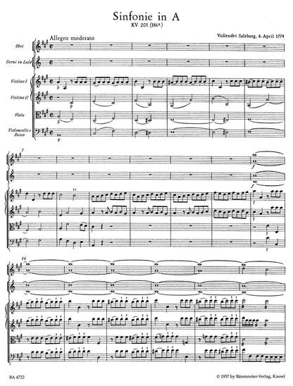スコア／モーツァルト：交響曲第29番 イ長調 K. 201(186a)