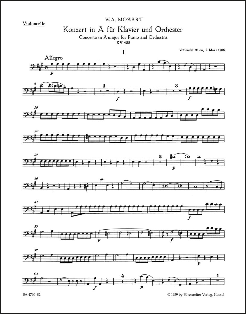 モーツァルト：ピアノ協奏曲第23番 イ長調 K. 488（チェロパート譜）
