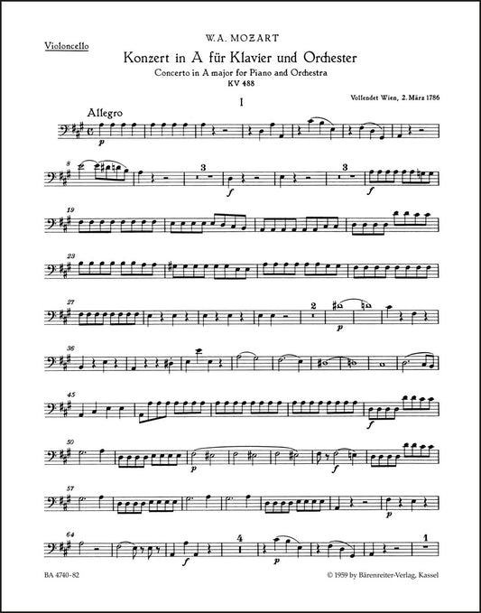 モーツァルト：ピアノ協奏曲第23番 イ長調 K. 488（チェロパート譜）