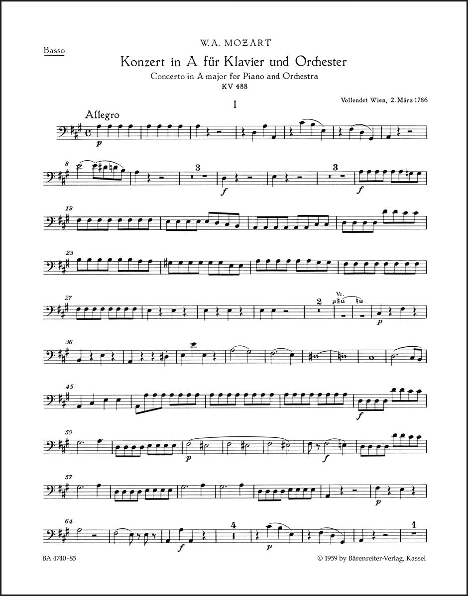 モーツァルト：ピアノ協奏曲第23番 イ長調 K. 488（コントラバスパート譜）