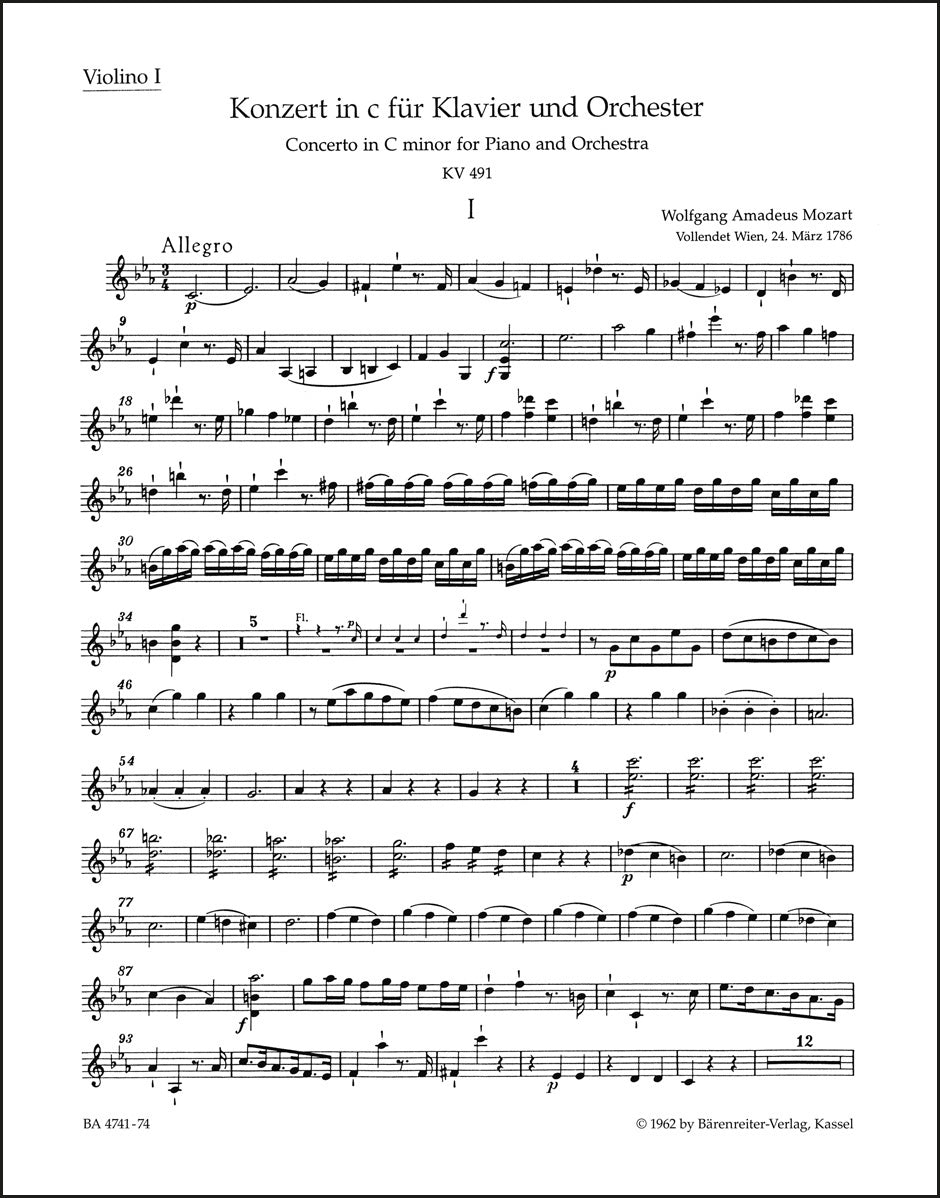 モーツァルト：ピアノ協奏曲第24番 ハ短調 K.491 ヴァイオリン1パート譜（ヴァイオリンパート譜）（4冊セット）