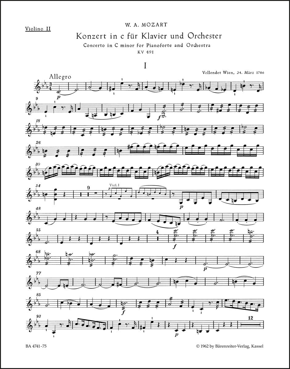 モーツァルト：ピアノ協奏曲第24番 ハ短調 K. 491（ヴァイオリンパート譜）（4冊セット）