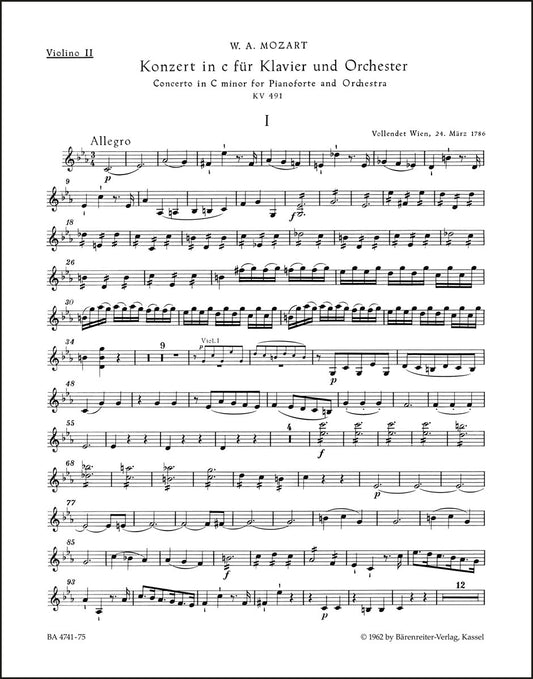 モーツァルト：ピアノ協奏曲第24番 ハ短調 K. 491（ヴァイオリンパート譜）（4冊セット）