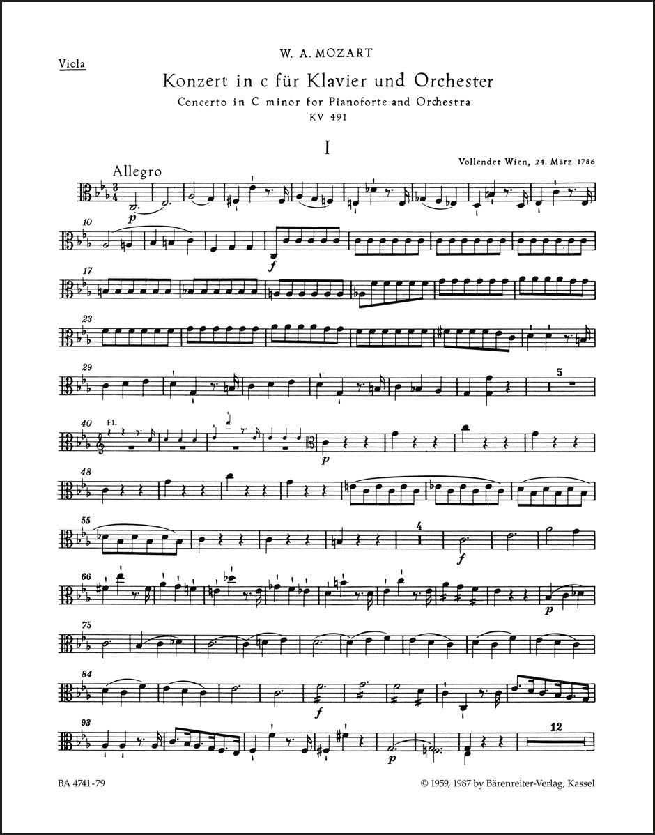 モーツァルト：ピアノ協奏曲第24番 ハ短調 K. 491（ヴィオラパート譜）（ヴィオラパート譜）（3冊セット）