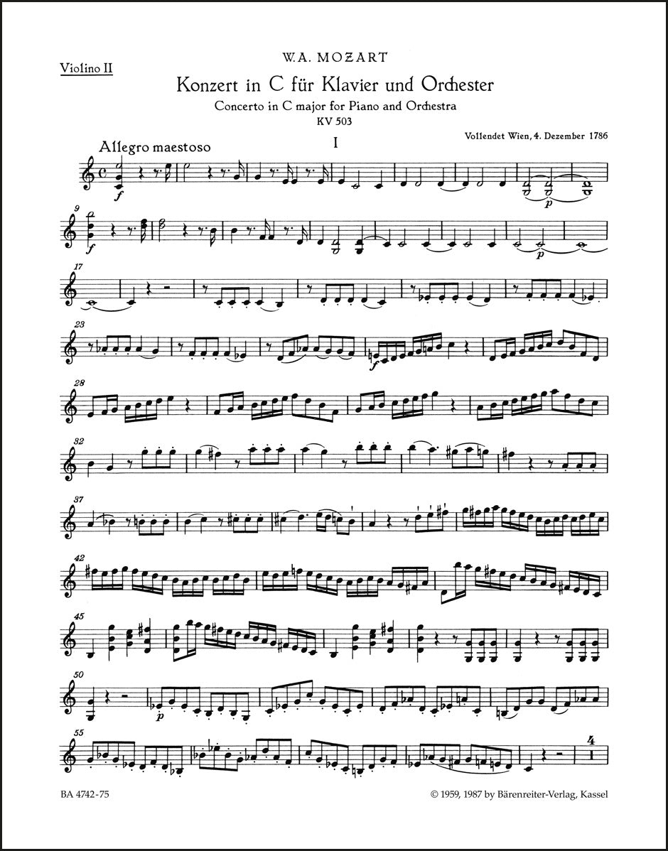 モーツァルト：ピアノ協奏曲第25番 ハ長調 K. 503（ヴァイオリンパート譜）（4冊セット）