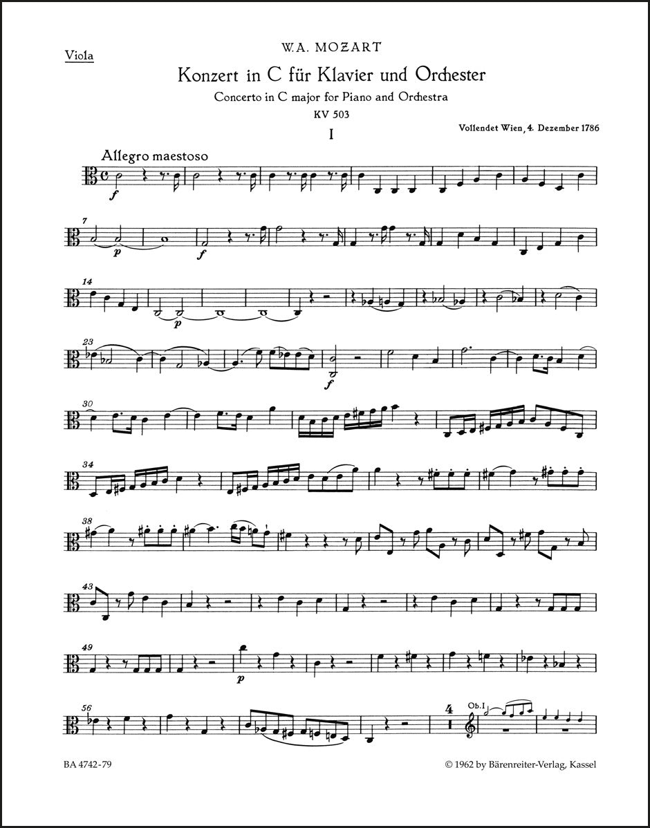 モーツァルト：ピアノ協奏曲第25番 ハ長調 K. 503（ヴィオラ・パート譜）（ヴィオラパート譜）（3冊セット）