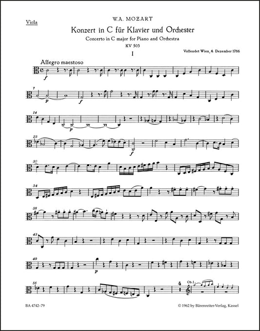 モーツァルト：ピアノ協奏曲第25番 ハ長調 K. 503（ヴィオラ・パート譜）（ヴィオラパート譜）（3冊セット）