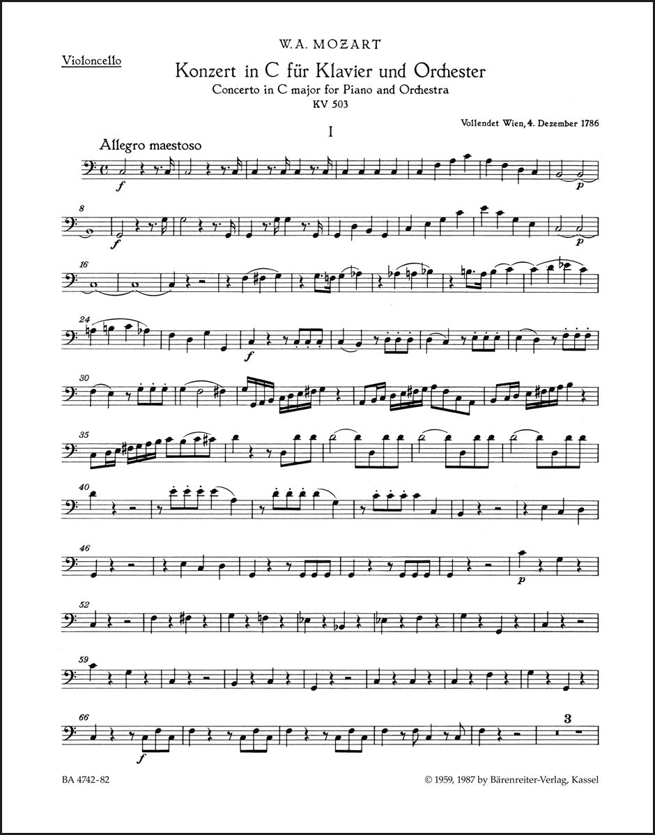 モーツァルト：ピアノ協奏曲 第25番 ハ長調 K. 503（チェロパート譜）（チェロパート譜）（2冊セット）
