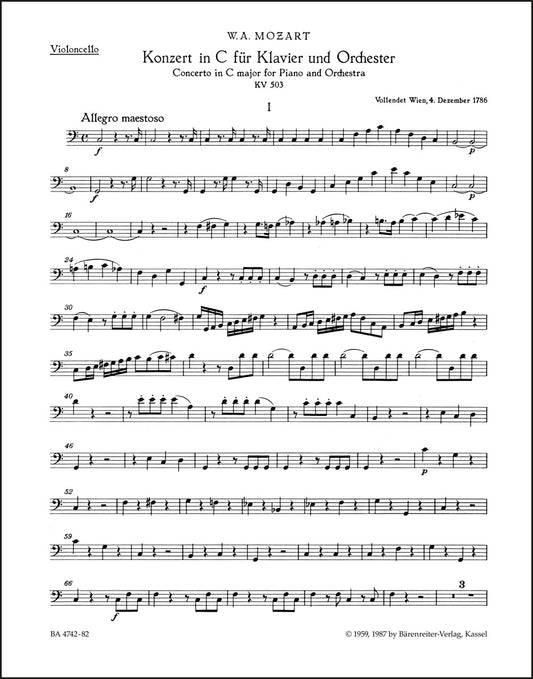 モーツァルト：ピアノ協奏曲 第25番 ハ長調 K. 503（チェロパート譜）（チェロパート譜）（2冊セット）