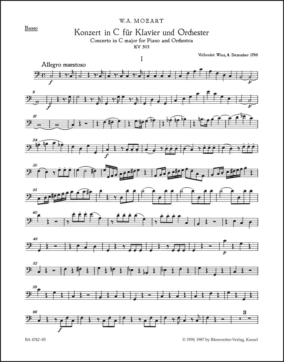 モーツァルト：ピアノ協奏曲第25番 ハ長調 K. 503（コントラバス・パート譜）（コントラバスパート譜）（2冊セット）