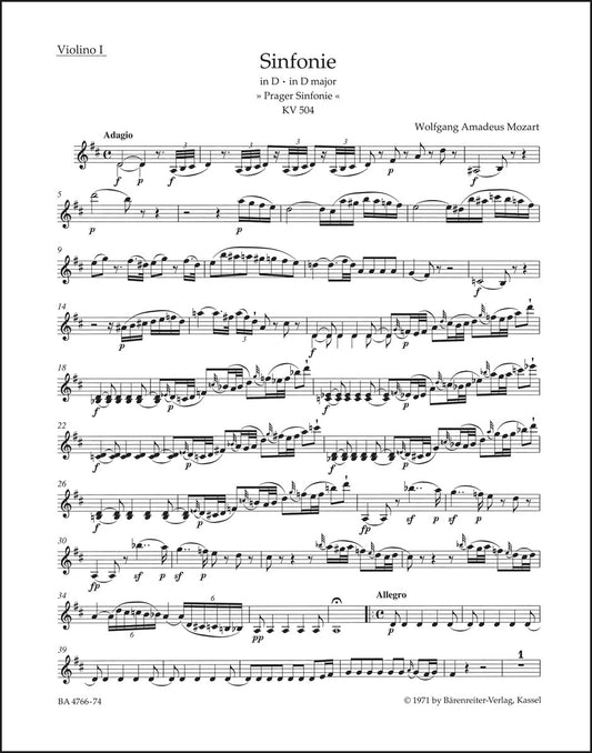 モーツァルト：交響曲第38番 ニ長調 K. 504「プラハ」（ヴァイオリンパート譜）（4冊セット）