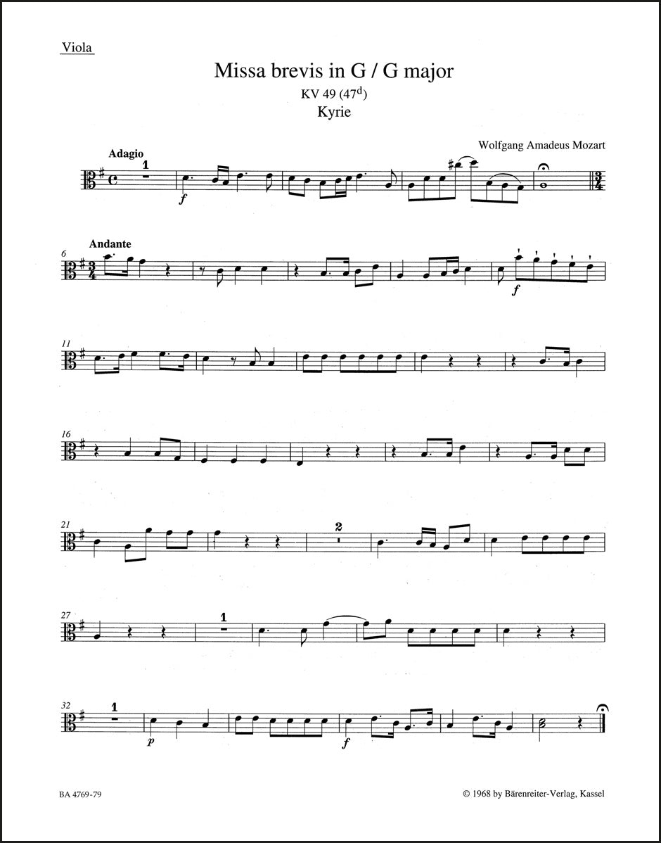 モーツァルト：ミサ・ブレヴィス ト長調 K. 49 (47d)（ヴィオラパート譜）