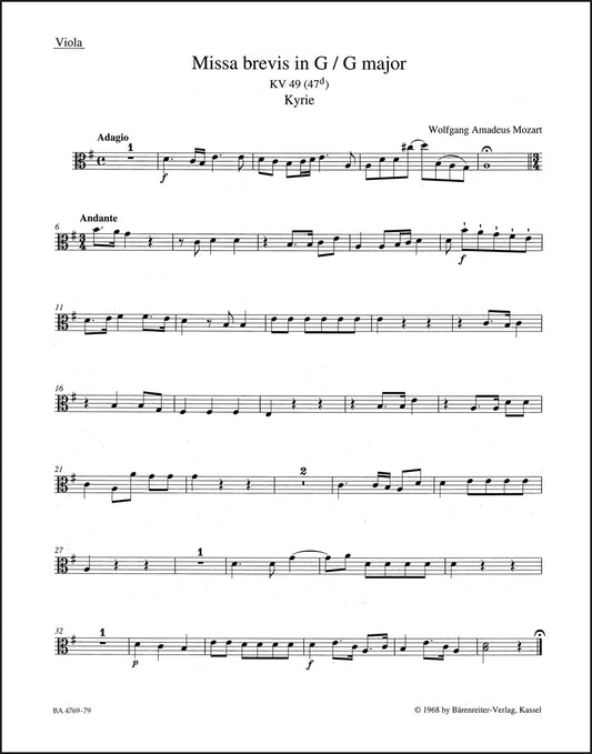モーツァルト：ミサ・ブレヴィス ト長調 K. 49 (47d)（ヴィオラパート譜）