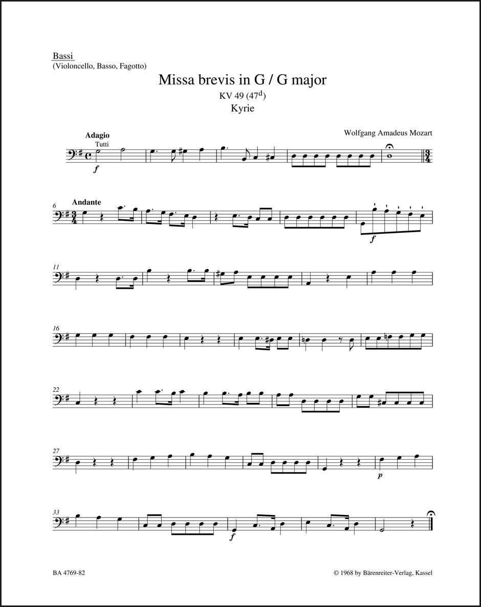 モーツァルト：ミサ・ブレヴィス ト長調 K. 49 (47d)（チェロパート譜）