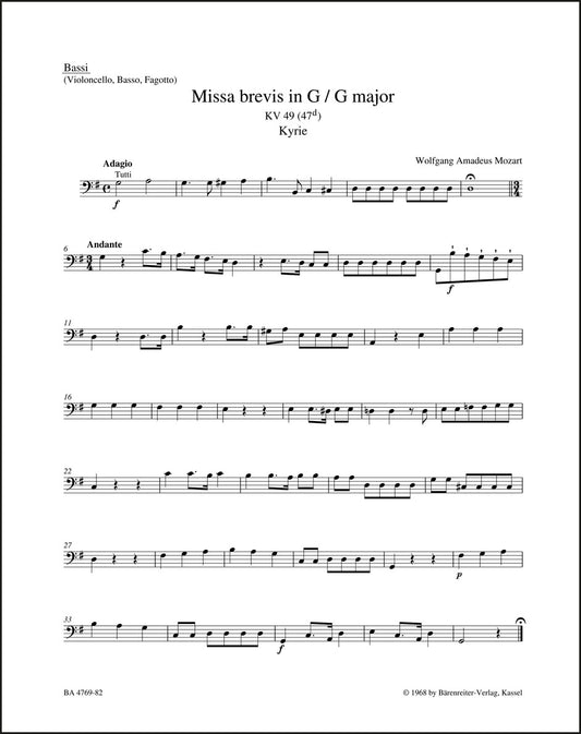 モーツァルト：ミサ・ブレヴィス ト長調 K. 49 (47d)（チェロパート譜）