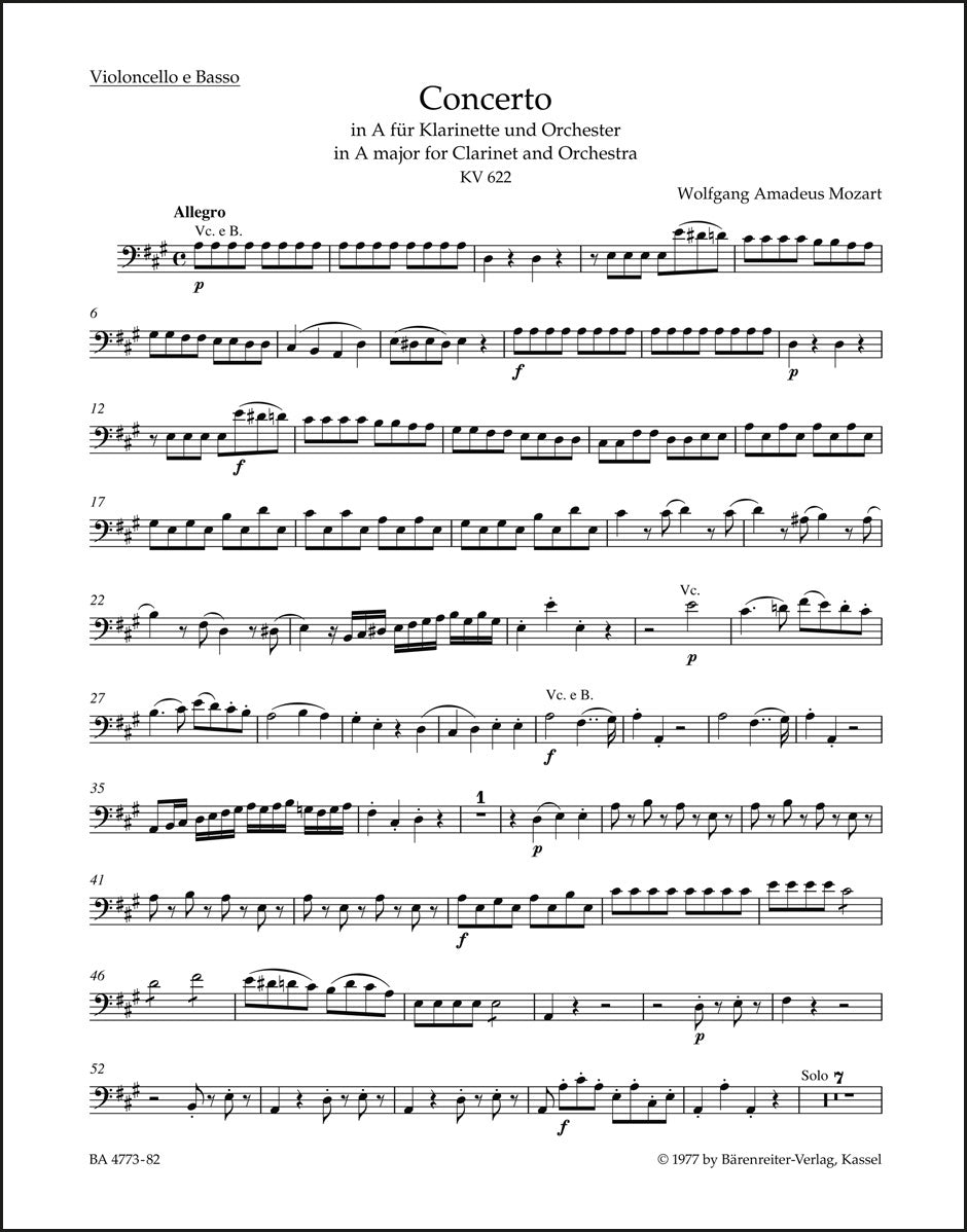 モーツァルト：クラリネット協奏曲 イ長調 K. 622（チェロパート譜）（3冊セット）